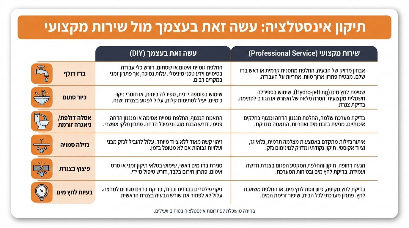 השוואה מתי לתקן לבד ומתי להזמין אינסטלטור מקצועי