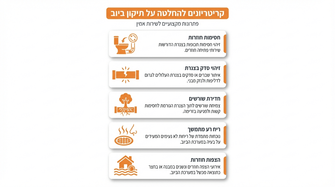 תיקון ביוב מקצועי - איור המדגים מתי נדרש תיקון ביוב ולא רק פתיחת סתימה