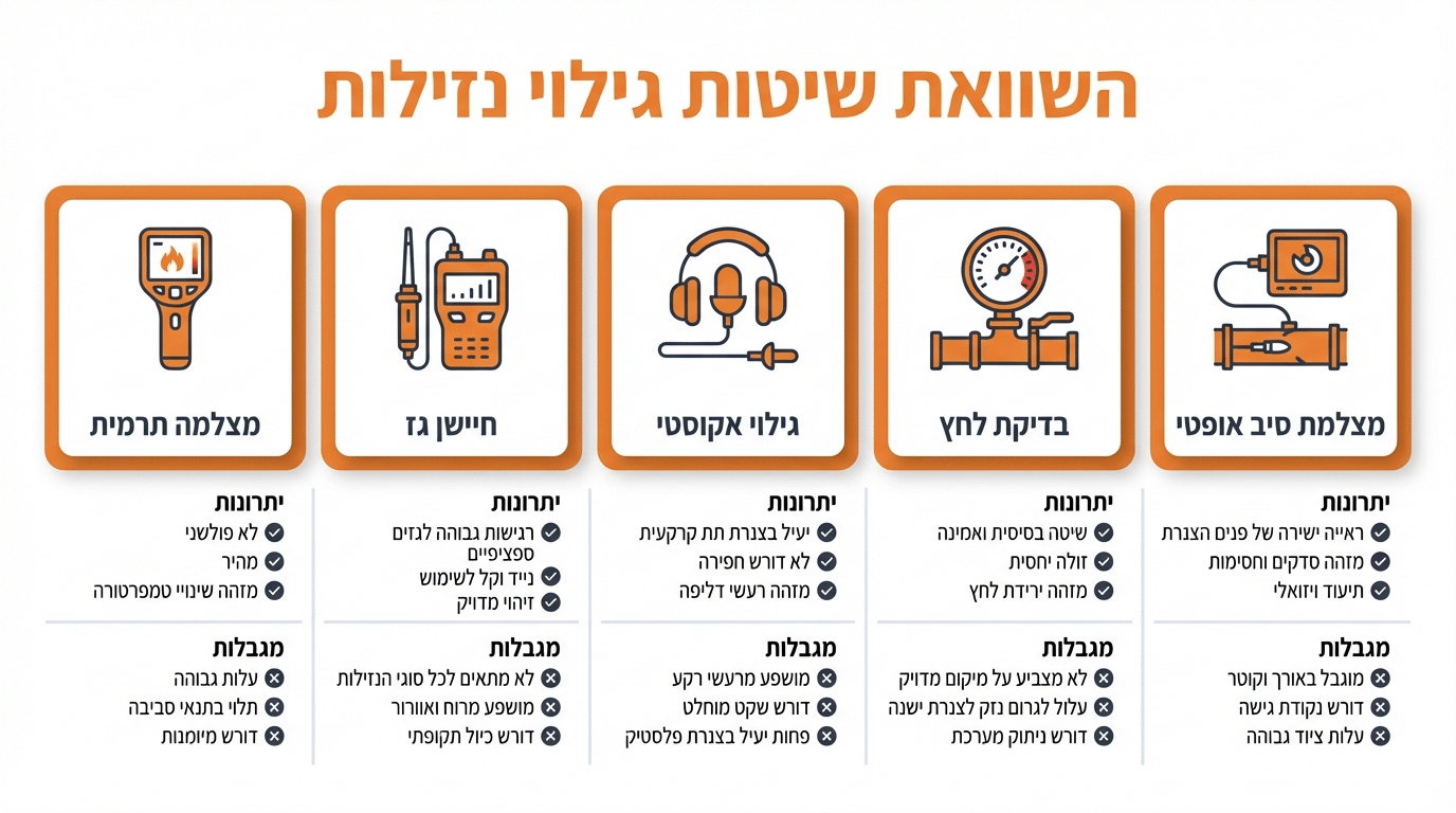 השוואה בין שיטות איתור נזילות בגינה - טבלה מקצועית