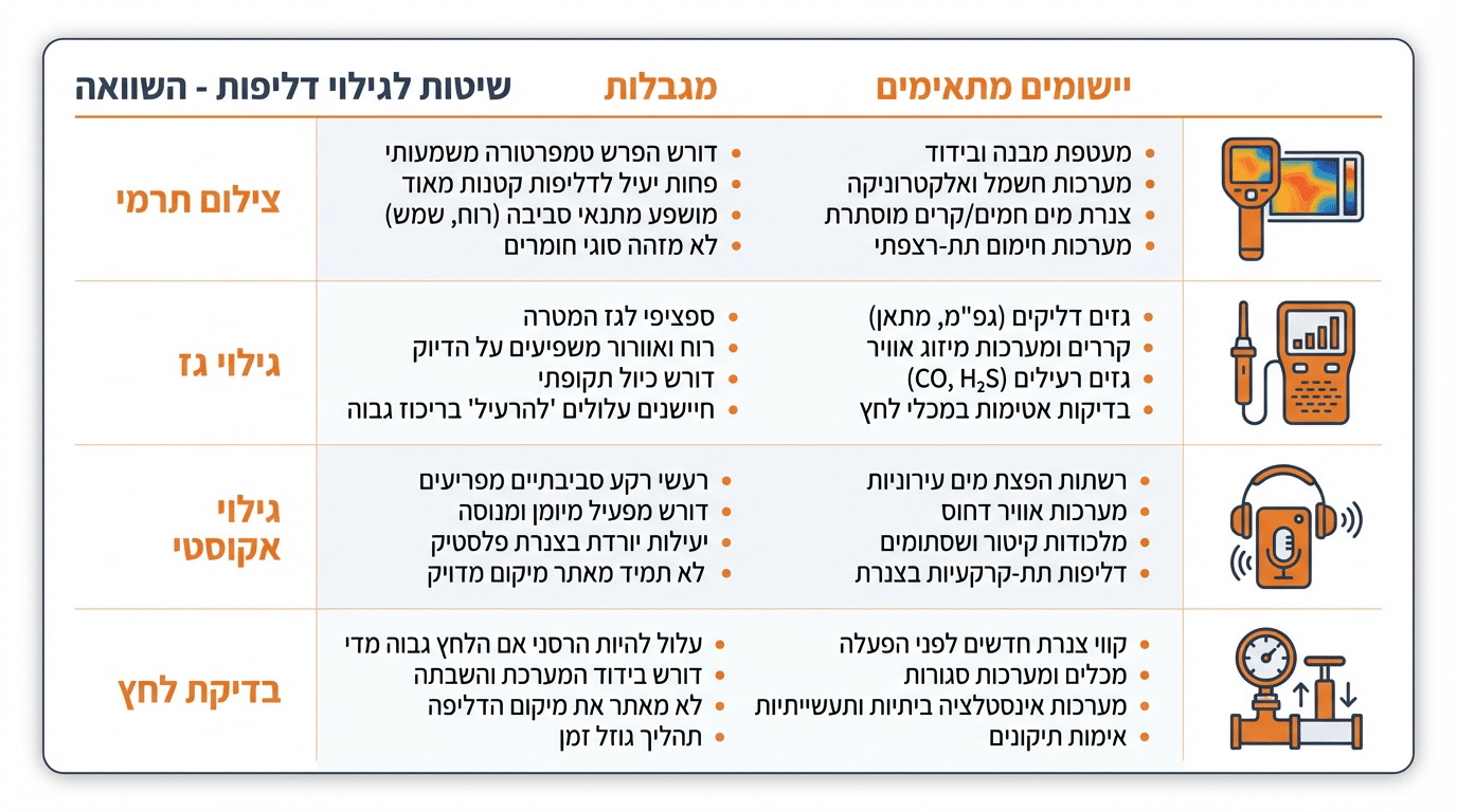 השוואת שיטות איתור נזילות - טבלה מפורטת
