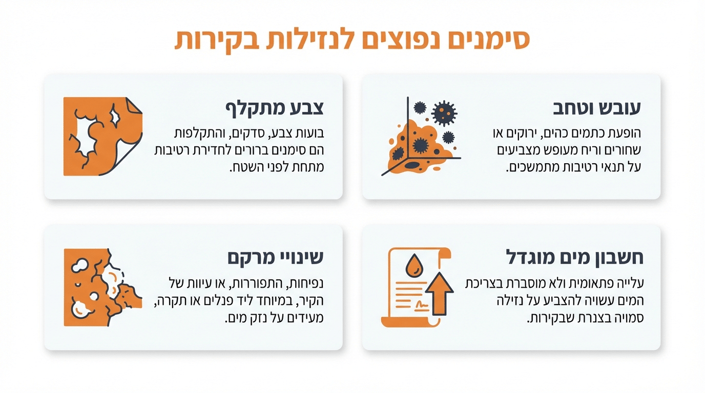 סימנים שכיחים של נזילה בקיר פנימי - קילופי צבע, כתמי רטיבות ועובש