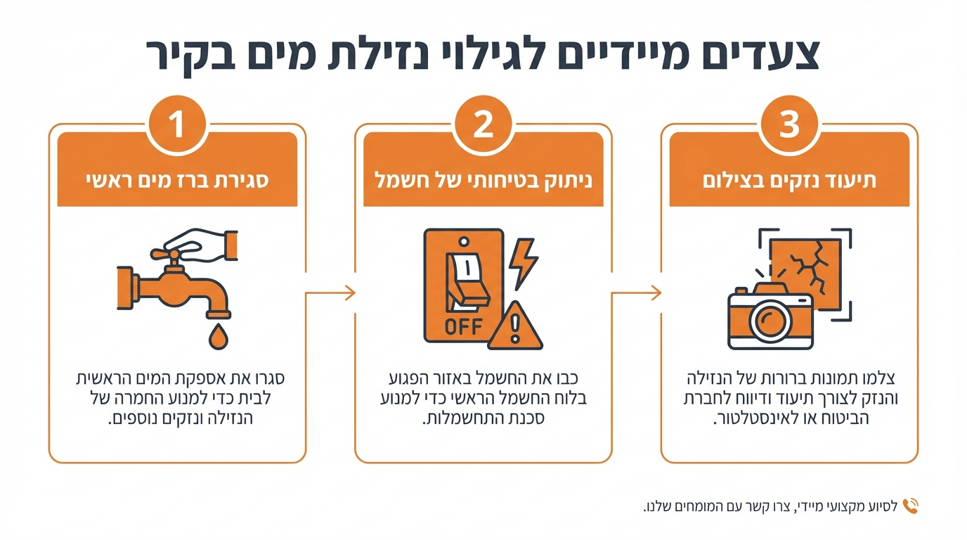 צעדים מיידיים לטיפול בנזילת מים מהקיר - סגירת ברז ראשי ותיעוד הנזק