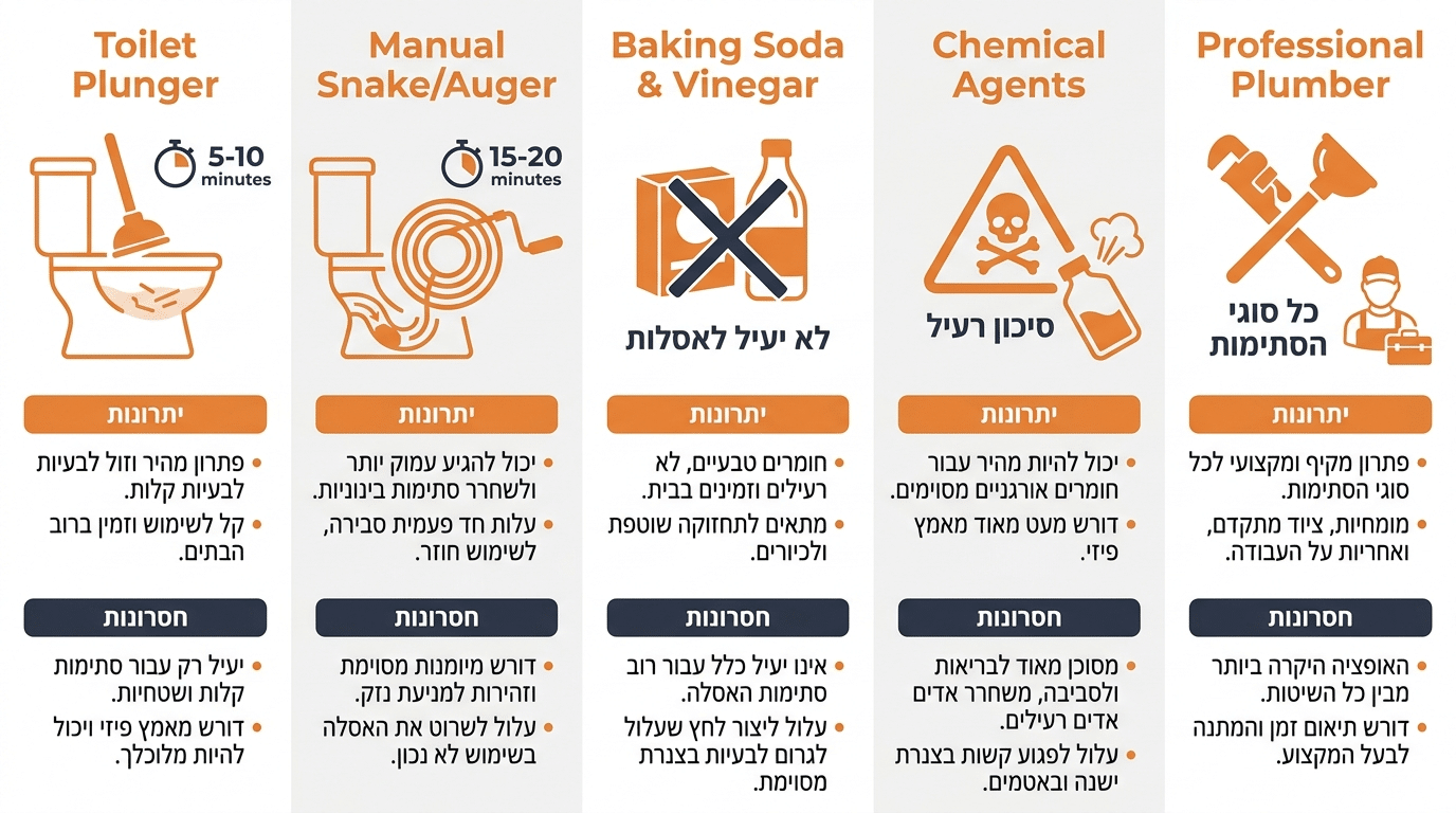 השוואת שיטות לפתיחת סתימה בשירותים